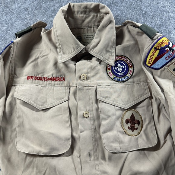 Boy Scouts of America Uniform Shirt Youth M Vented Tan Short Sleeve Patch Flaws - Picture 1 of 12